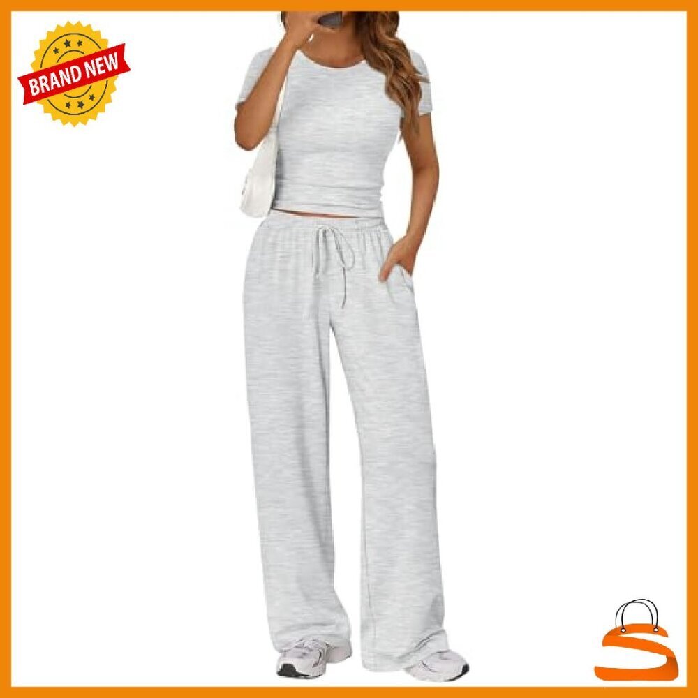 Rayon-Spandex Lounge Set Wide Leg Pants Crop Top Side Pockets - Picture 2 of 7
